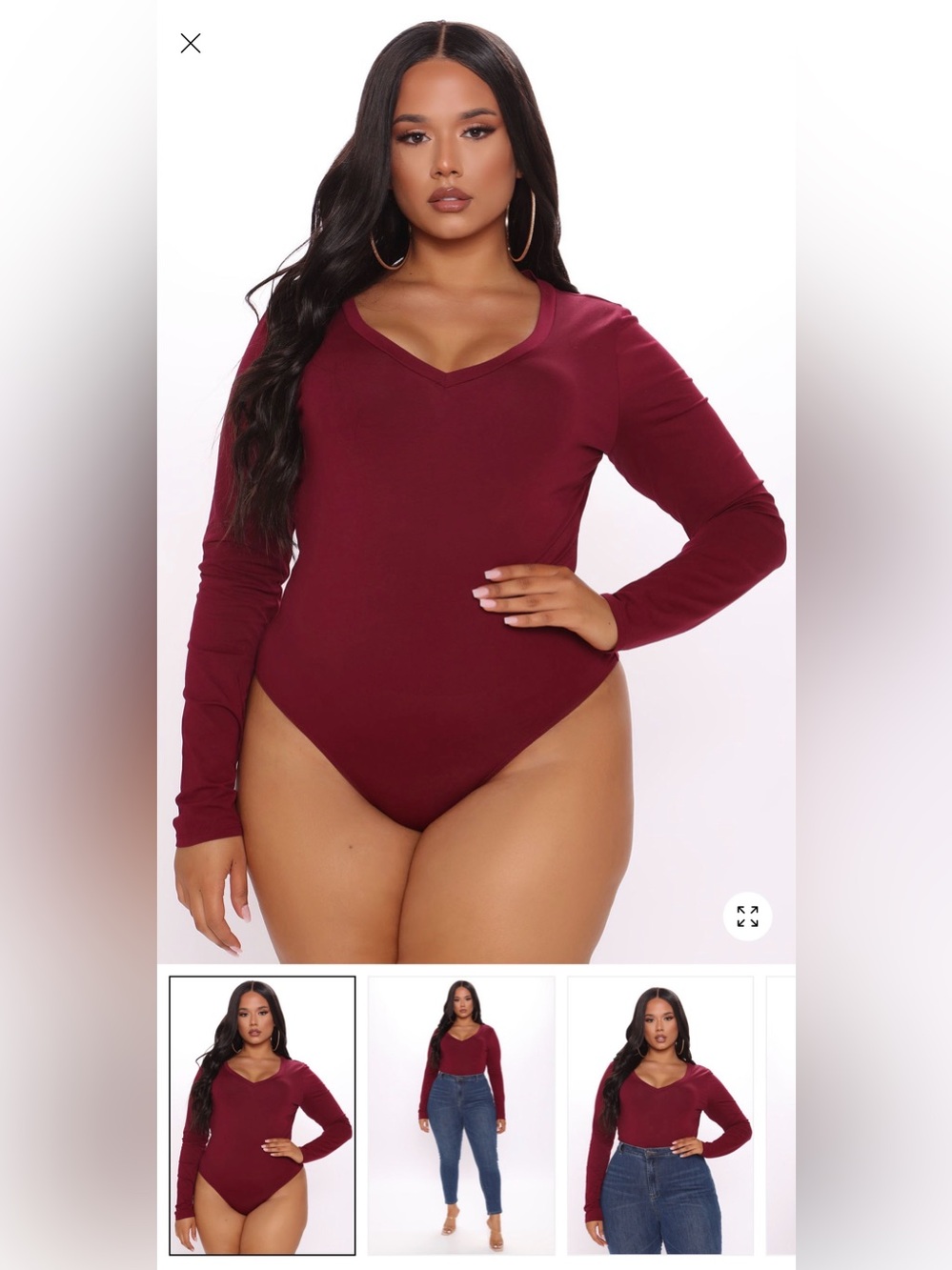 Fashion Nova Long Sleeve V-Neck Bodysuit - Burgundy